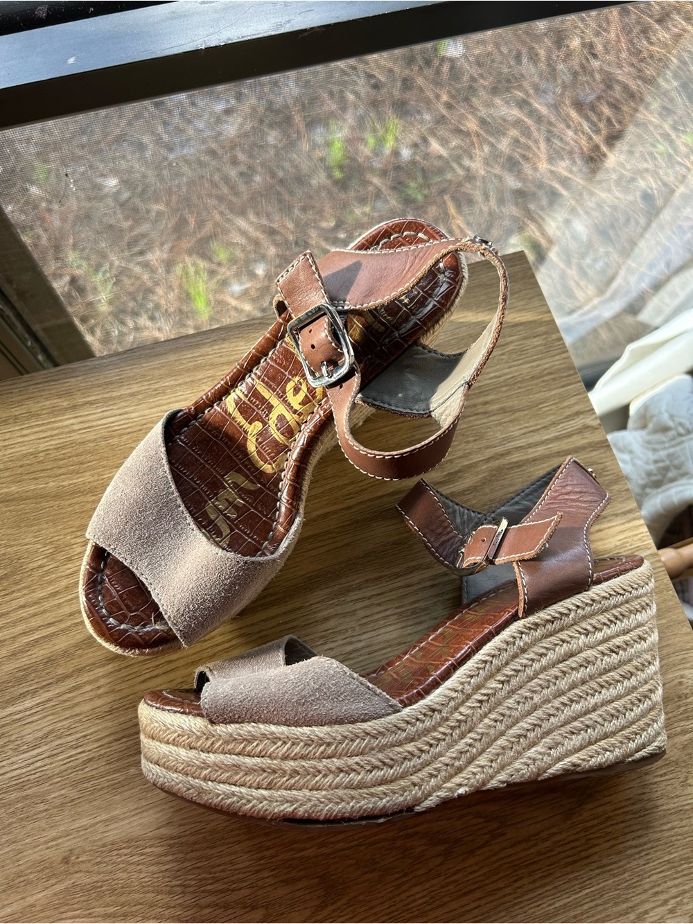 Sam Edelman Dimitree Wedge Espadrille Sandals in Taupe Suede and Brown Leather